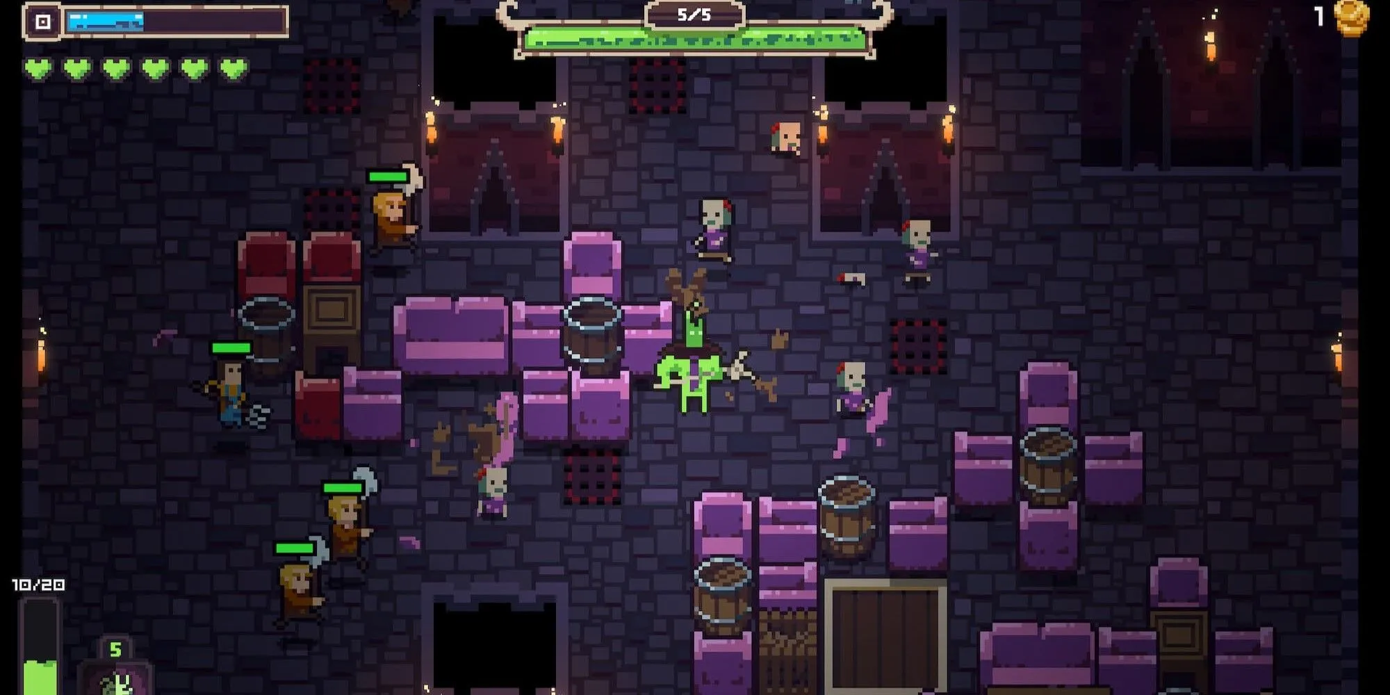 Nhiều kẻ địch trong game NecroBouncer với đồ họa pixel art
