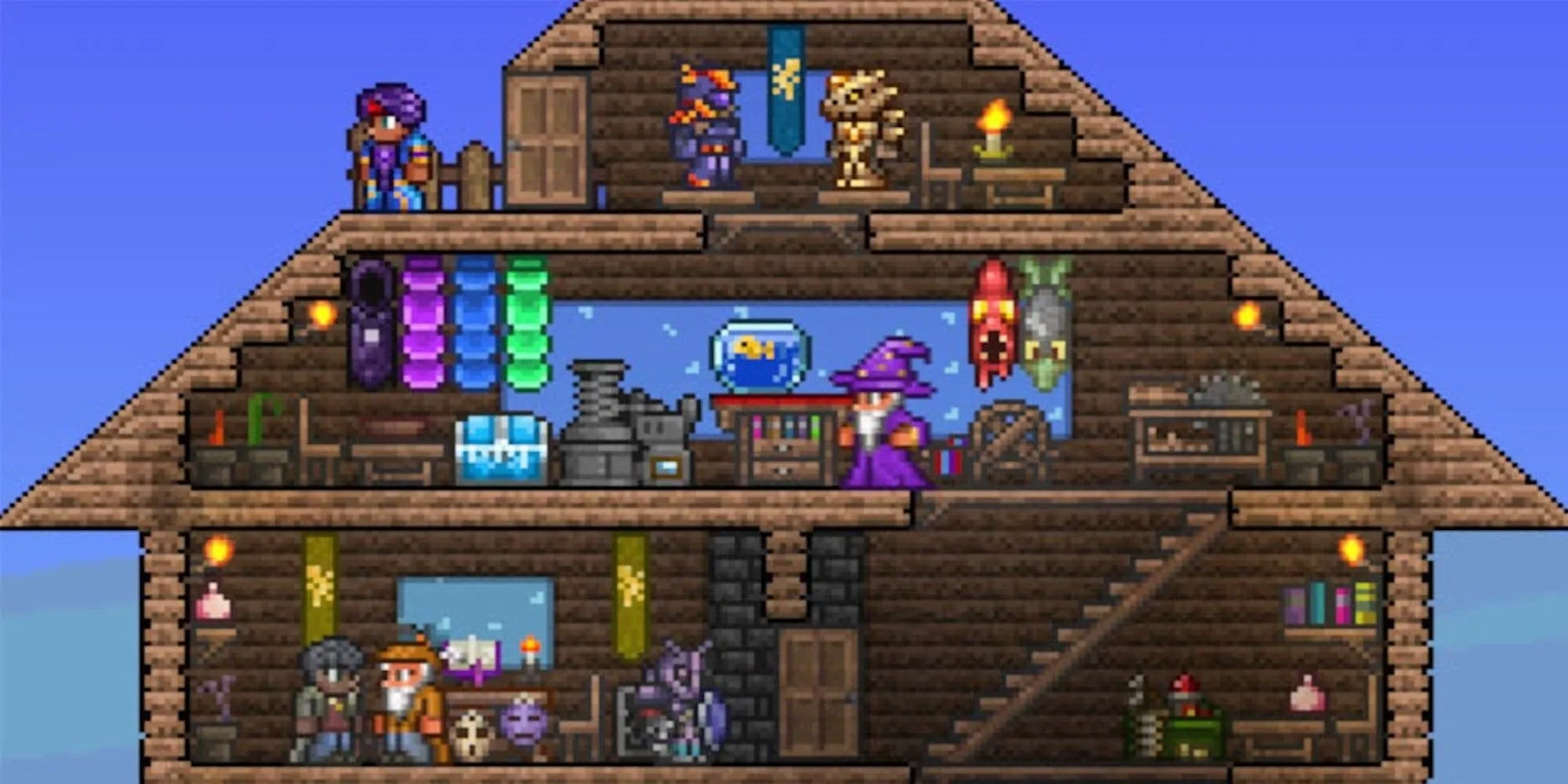 Nhiều nhân vật trong một căn cứ ở Terraria
