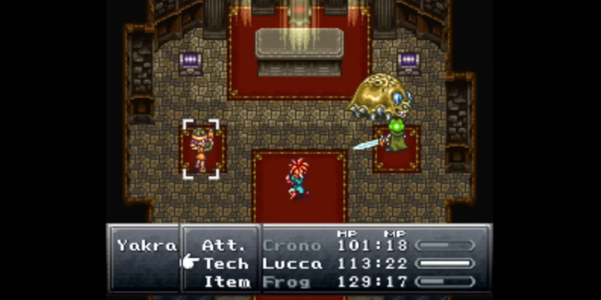 Nhóm Chrono Trigger chiến đấu với quái vật, hiển thị thanh ATB và tùy chọn kỹ năng phối hợp