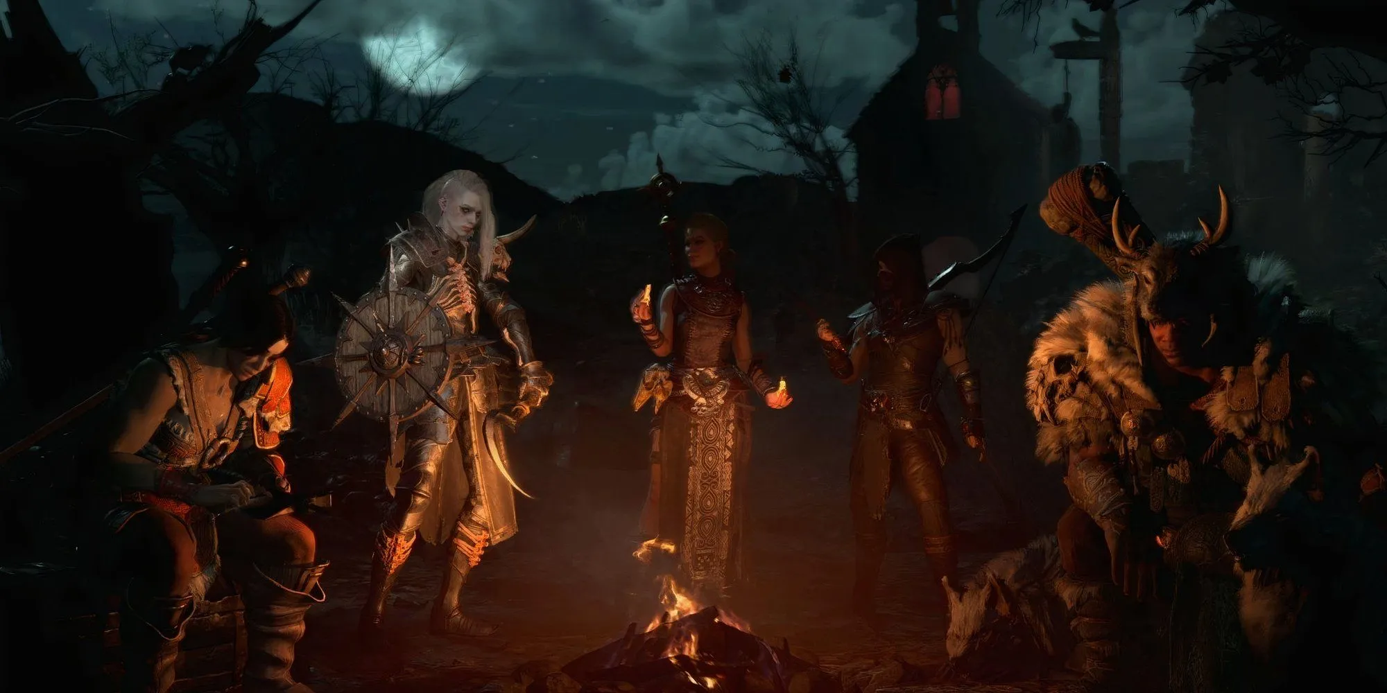 Diablo 4 Season 8 Trì Hoãn: Lời Hứa Về "Cố Nhân" Trở Lại? 1 Nhóm người chơi Diablo 4 tụ tập quanh lửa trại ban đêm dưới bầu trời trăng sáng