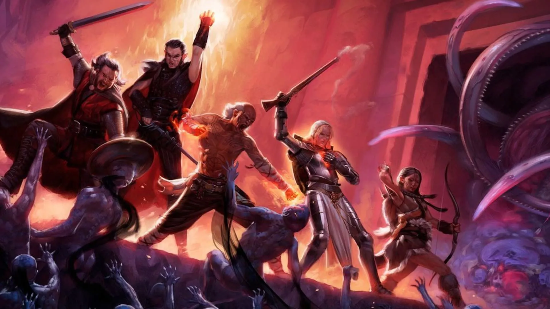 Nhóm nhân vật trong Pillars of Eternity trên bìa game