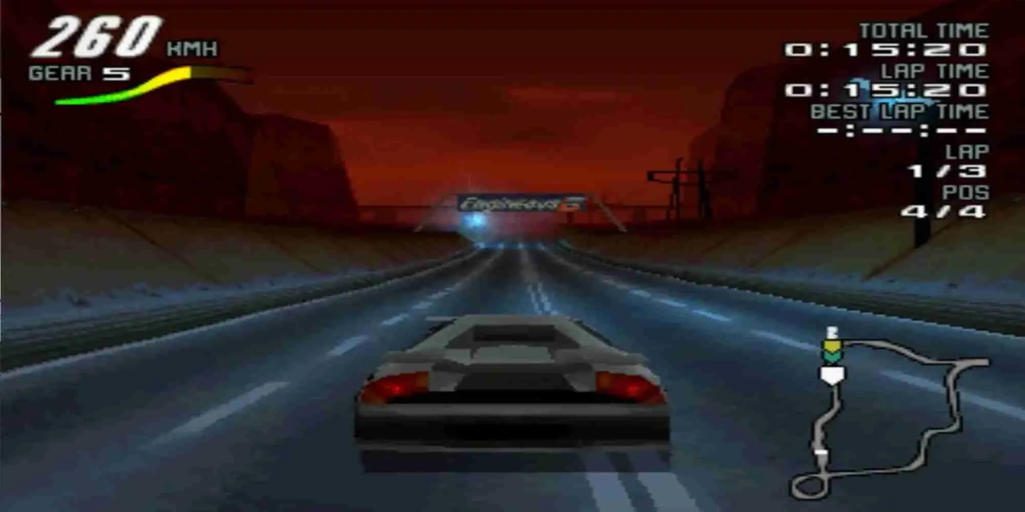 Những chiếc xe đua tương lai đang tranh tài trên đường đua đêm trong game Motorhead PS1