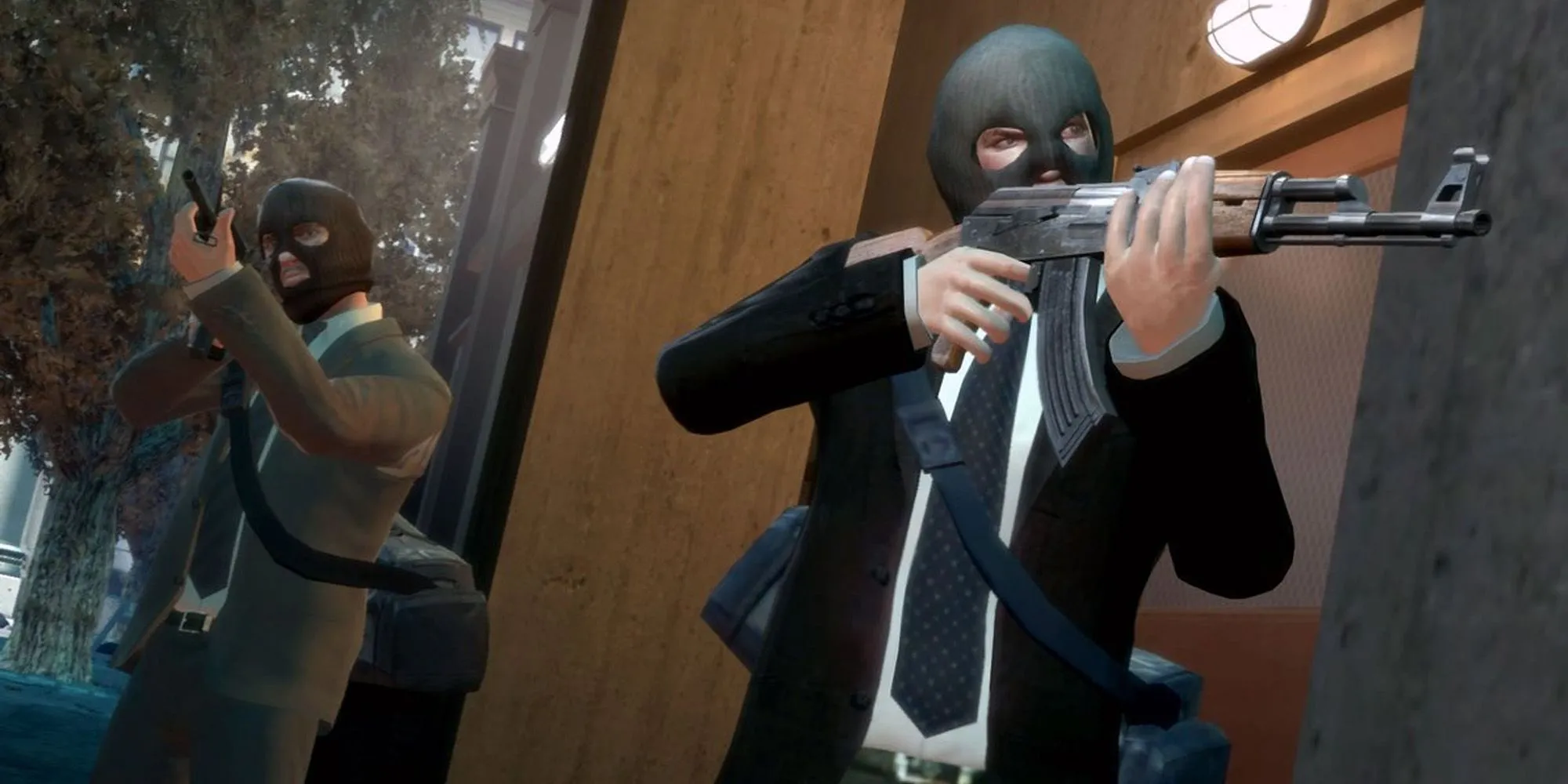 Niko và anh em McReary trong vụ cướp ngân hàng ở nhiệm vụ Three-Leaf Clover của GTA 4