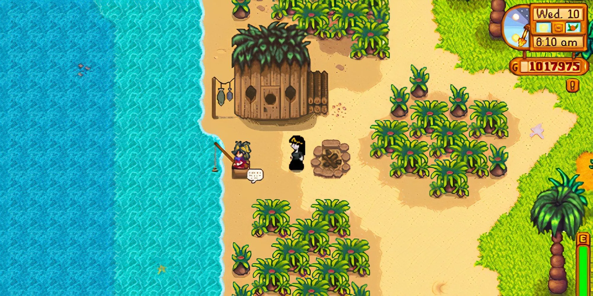 NPC Birdie đang ngồi câu cá trước túp lều nhỏ trên bãi biển phía Tây Đảo Gừng trong Stardew Valley