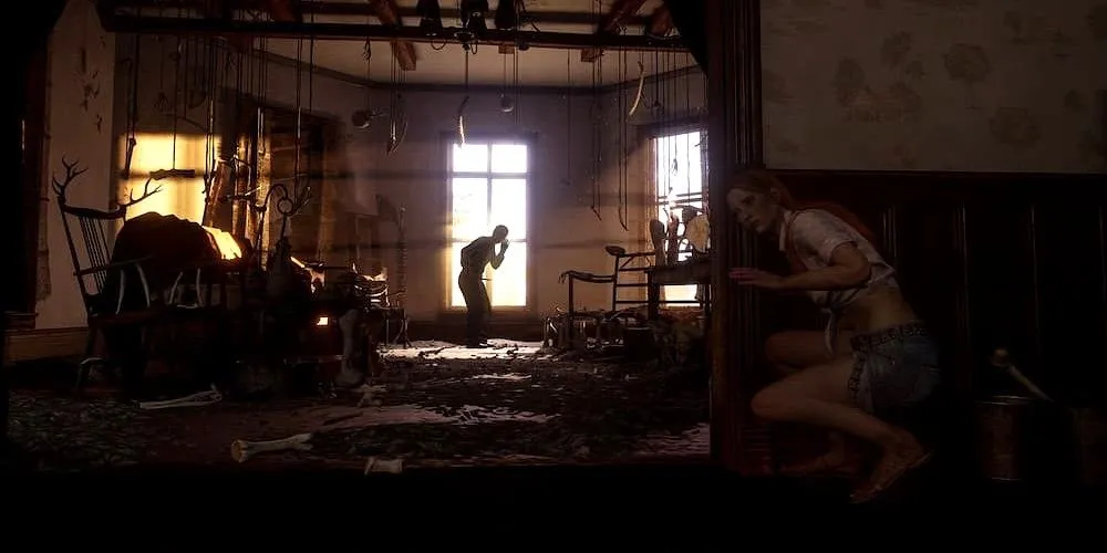 Nữ nạn nhân ẩn nấp trong bóng tối từ kẻ sát nhân Leatherface trong game The Texas Chain Saw Massacre