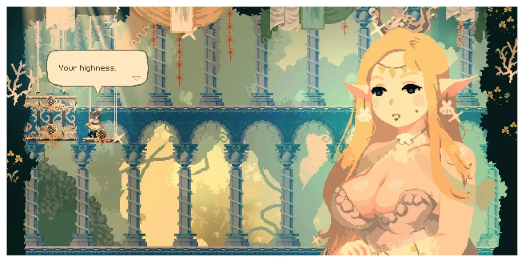 Nữ tu sĩ chiến đấu với quái vật trong Momodora: Moonlit Farewell với phong cách pixel art anime