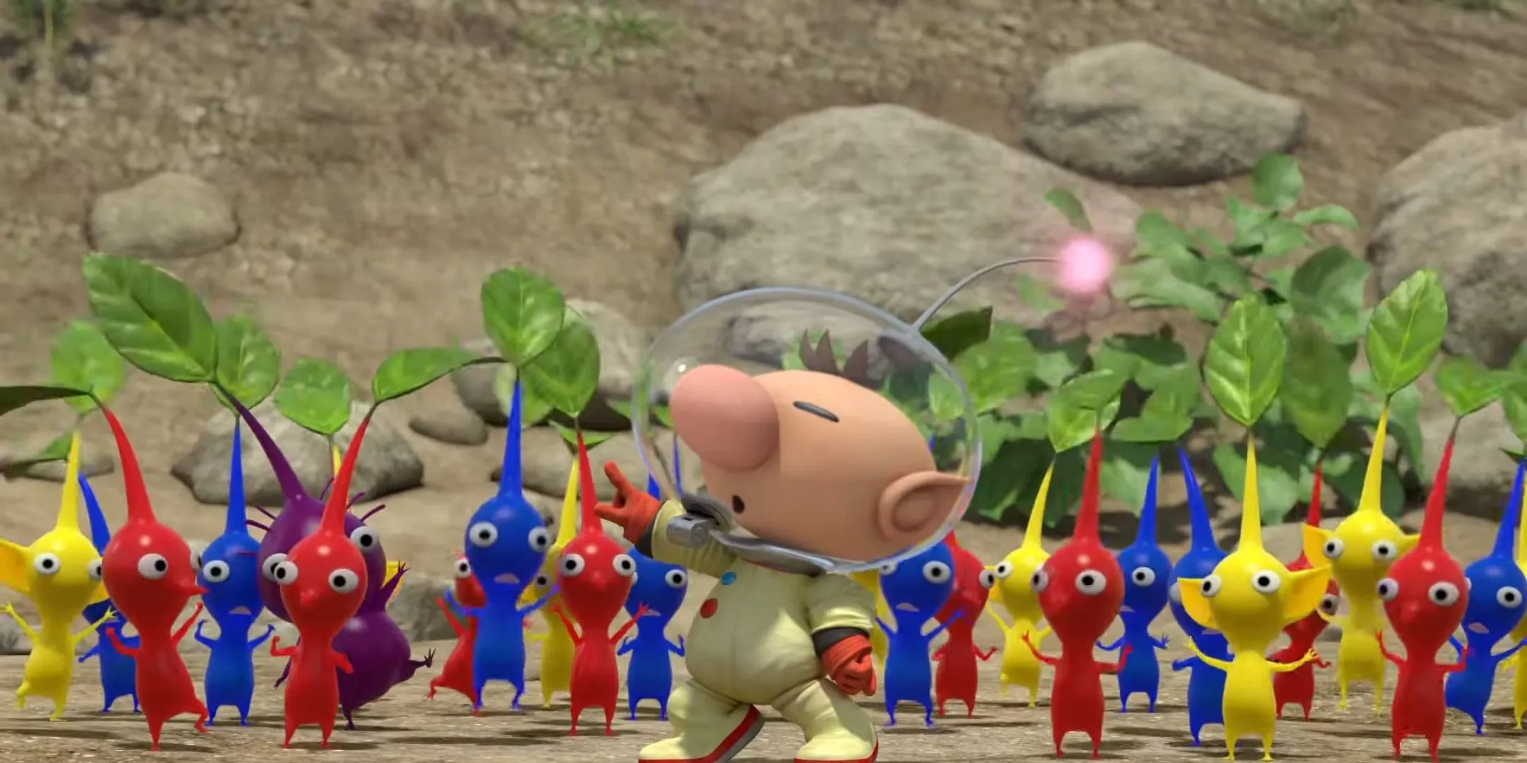 Olimar chỉ huy một nhóm Pikmin đỏ, xanh, vàng và tím