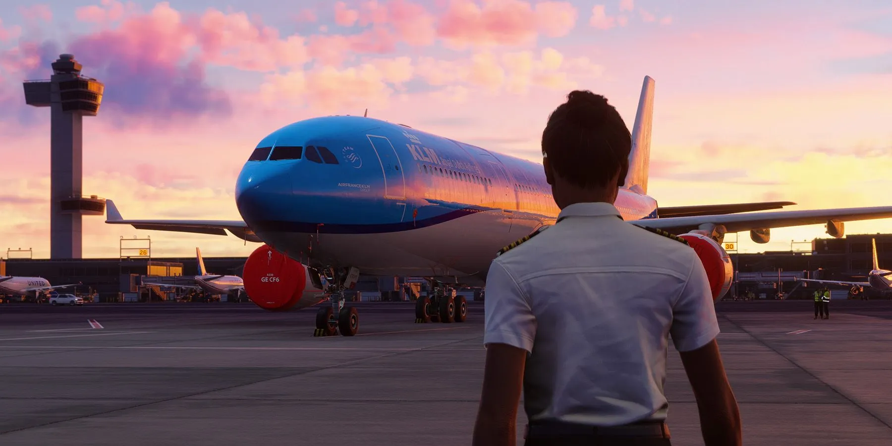 Phi công nhìn máy bay tại sân bay trong Microsoft Flight Simulator 2024