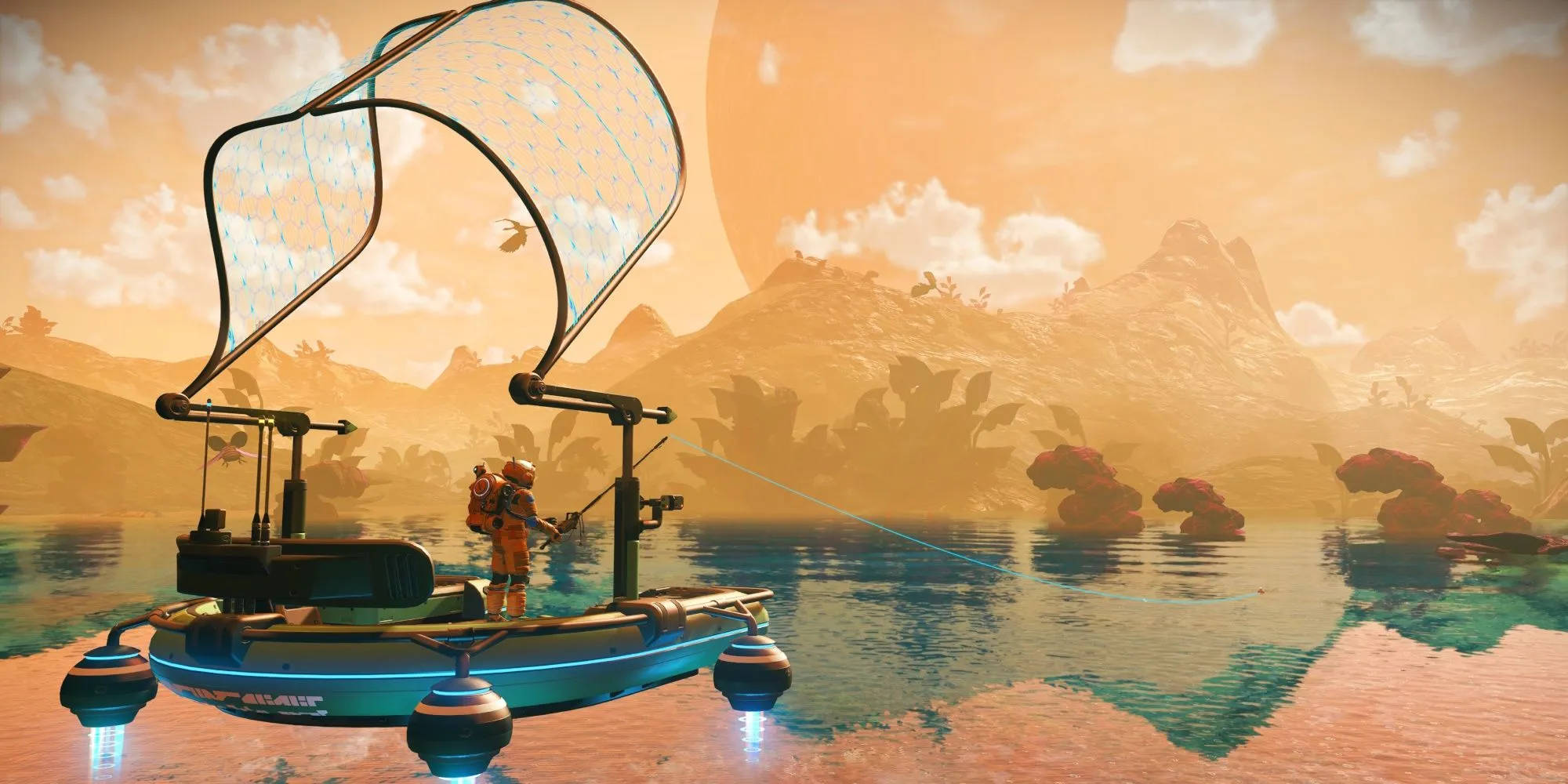 Phi thuyền không gian đang bay qua một hành tinh kỳ lạ trong No Man's Sky