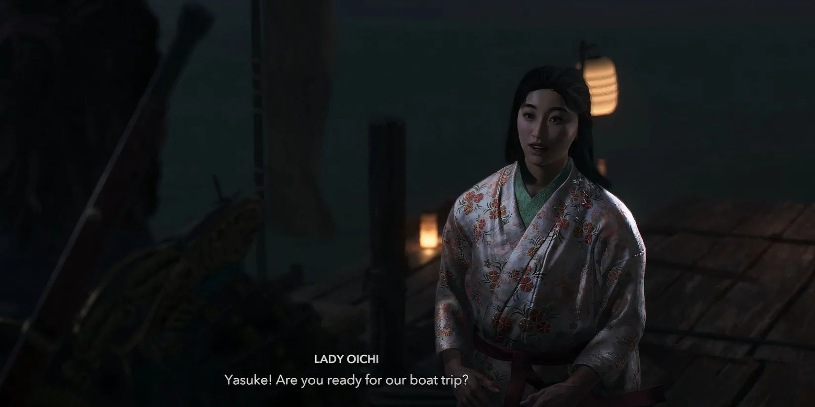 Phu nhân Oichi chờ đợi Yasuke tại bến đền Isakiji