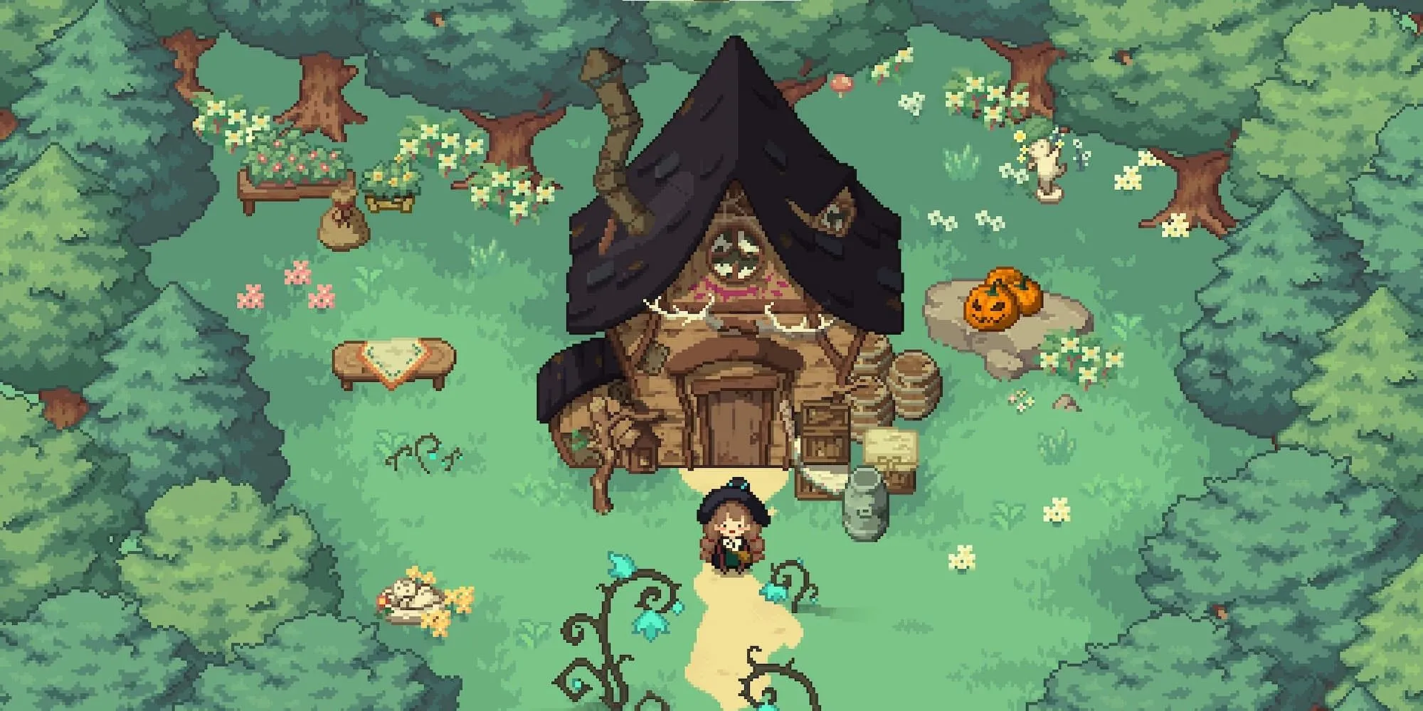Phù thủy nhỏ Ellie đứng trước một ngôi nhà tranh trong Little Witch in the Woods