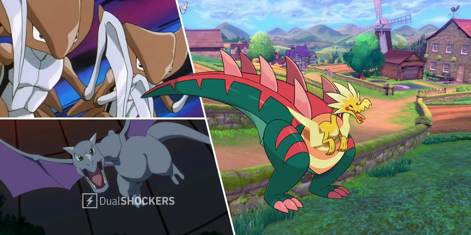 Pokemon Kabutops bên trái, Aerodactyl bên dưới trái, Dracozolt bên phải