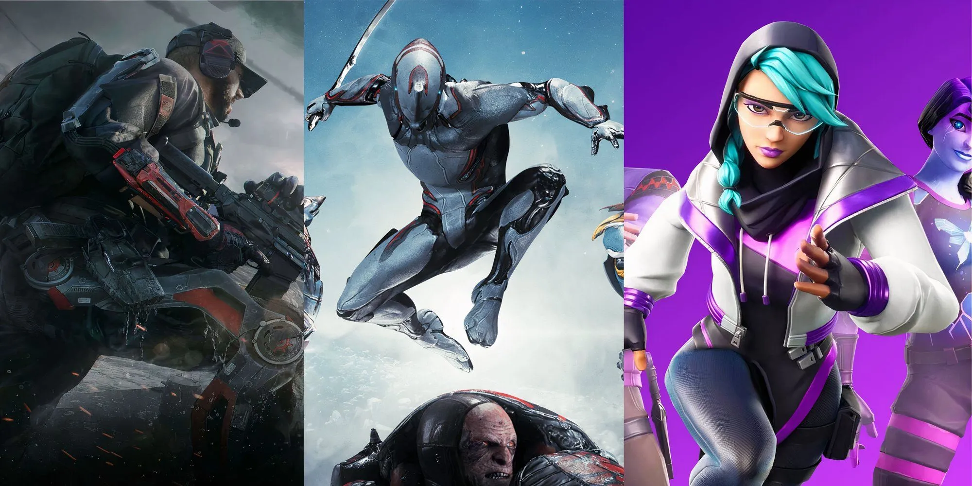 Poster quảng bá các game lớn như Warframe, Delta Force và Fortnite