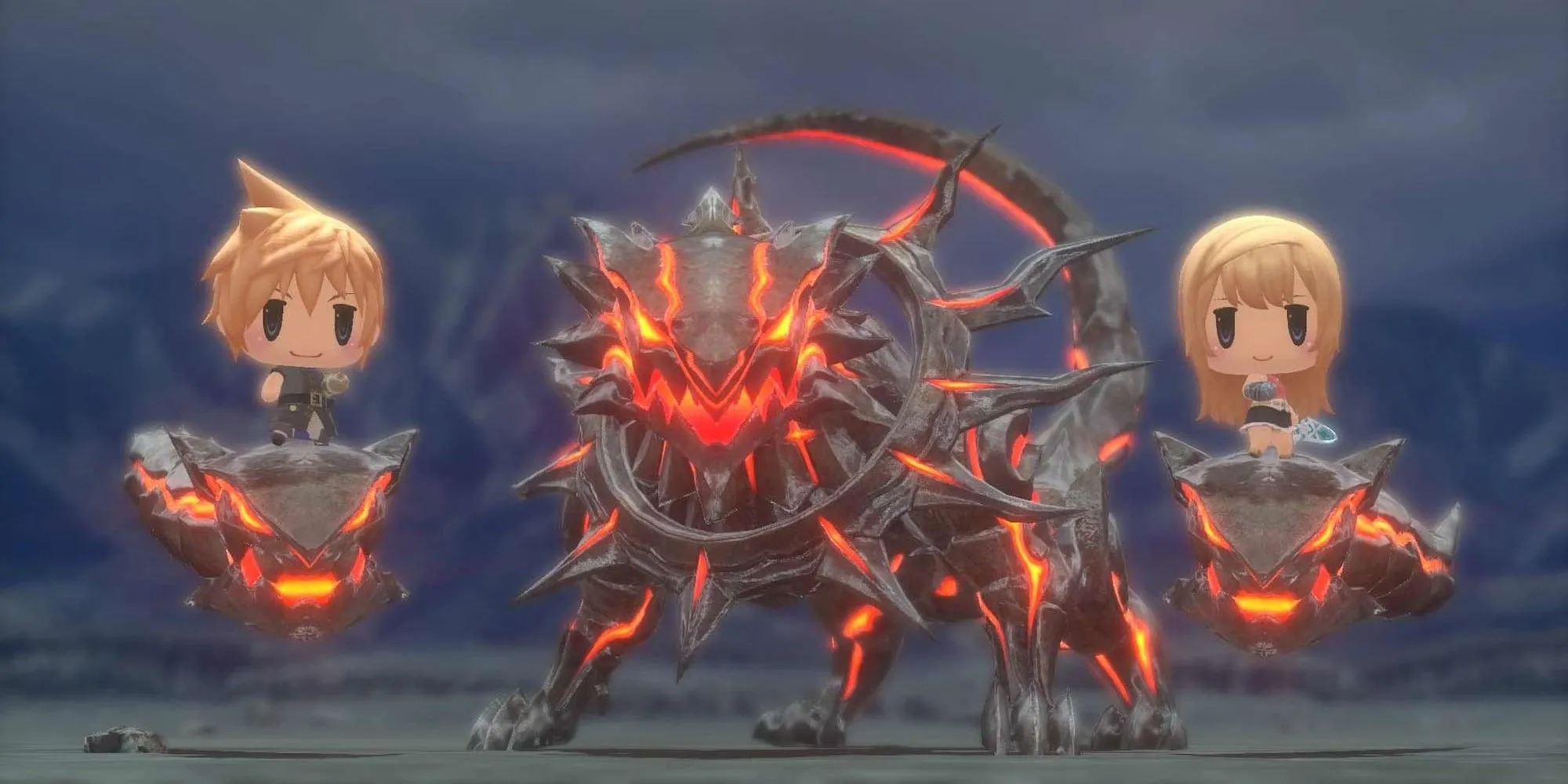 Quái vật và hai nhân vật chibi trong game World of Final Fantasy
