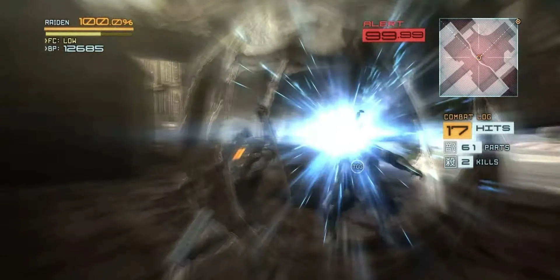 Raiden sử dụng cơ chế parry để đỡ đòn trong Metal Gear Rising Revengeance