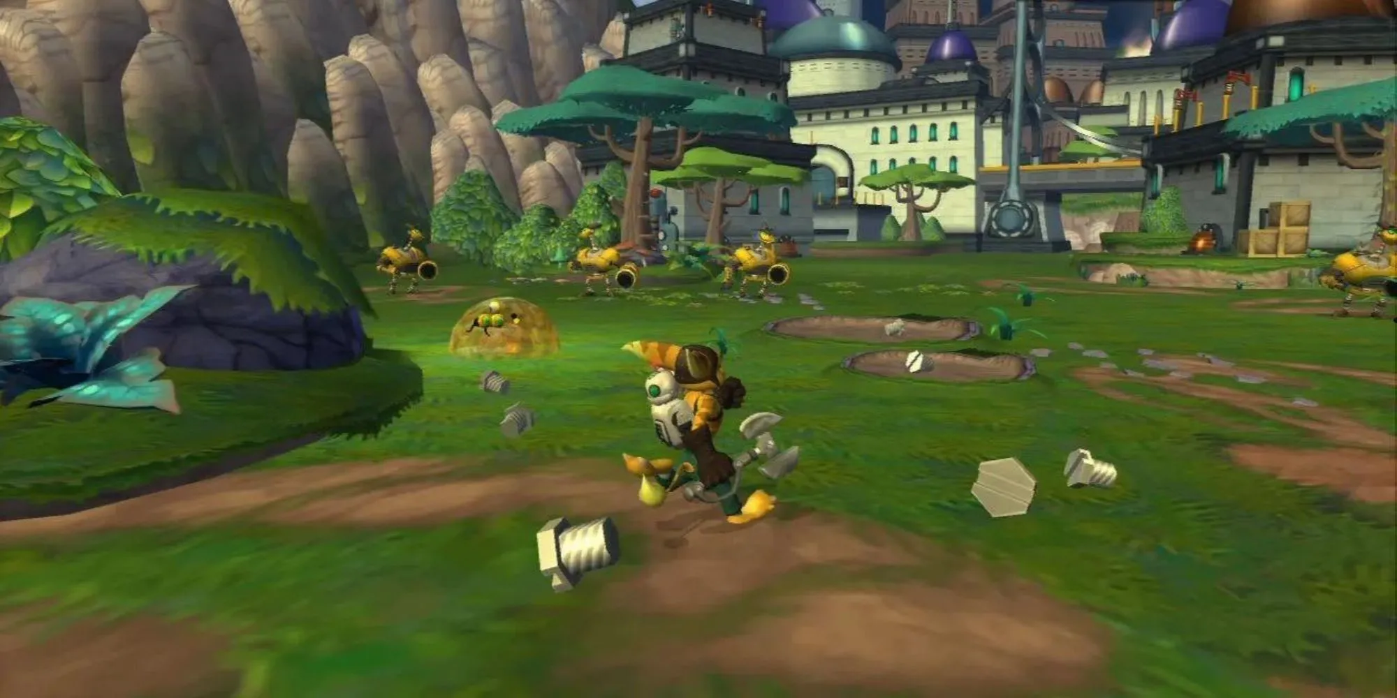 Ratchet và Clank đứng cạnh nhau trong một khung cảnh game PS2
