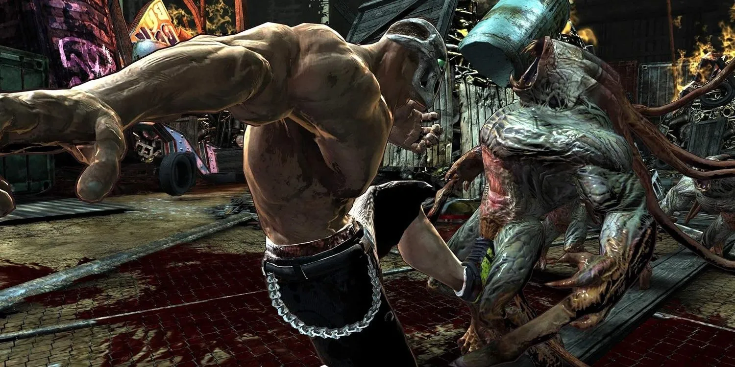 Rick tung cú đá vào một kẻ thù trong Splatterhouse 2010