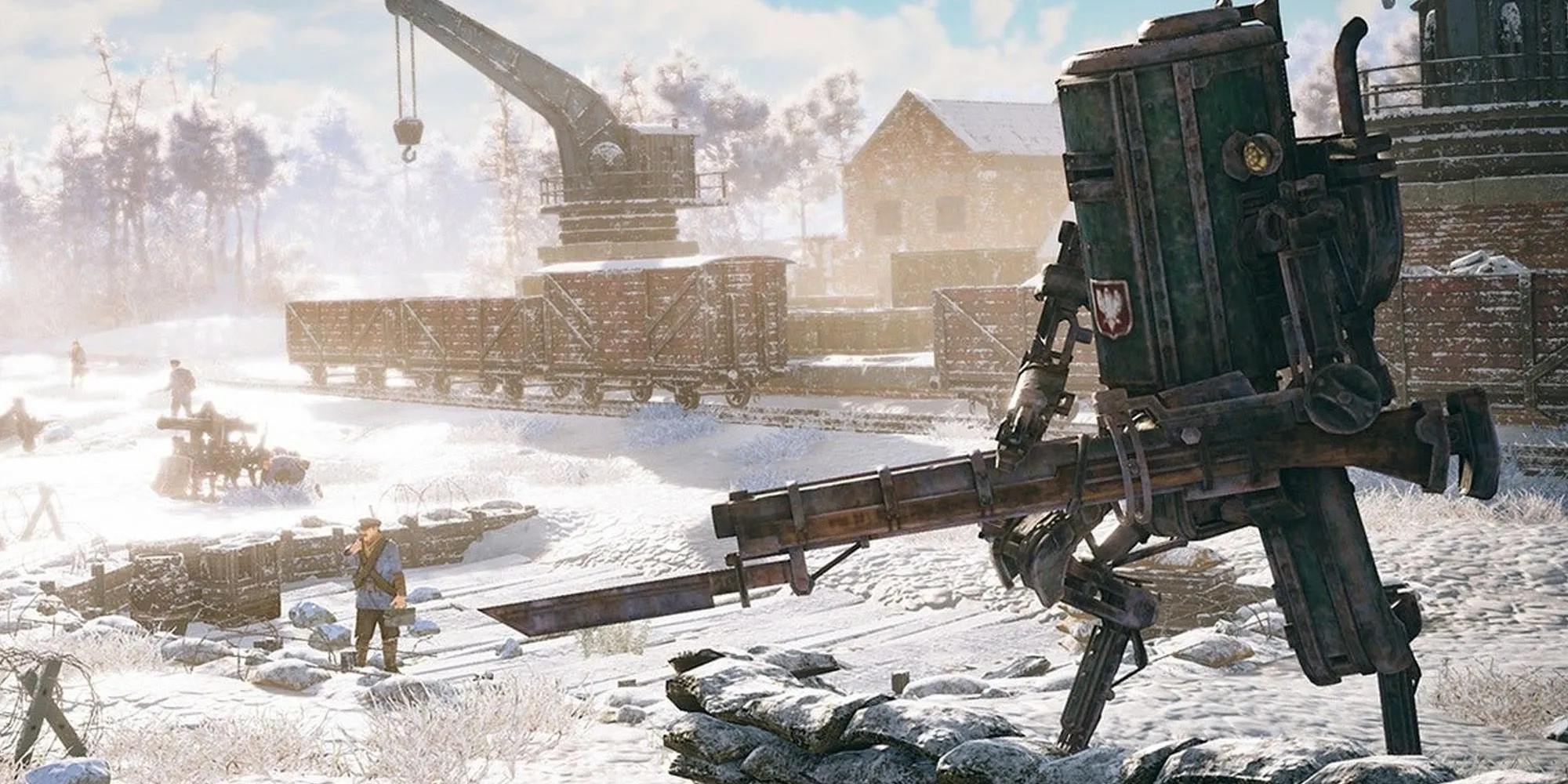 Robot chiến đấu trong game Iron Harvest đứng giữa khung cảnh chiến trường WW1 đổ nát
