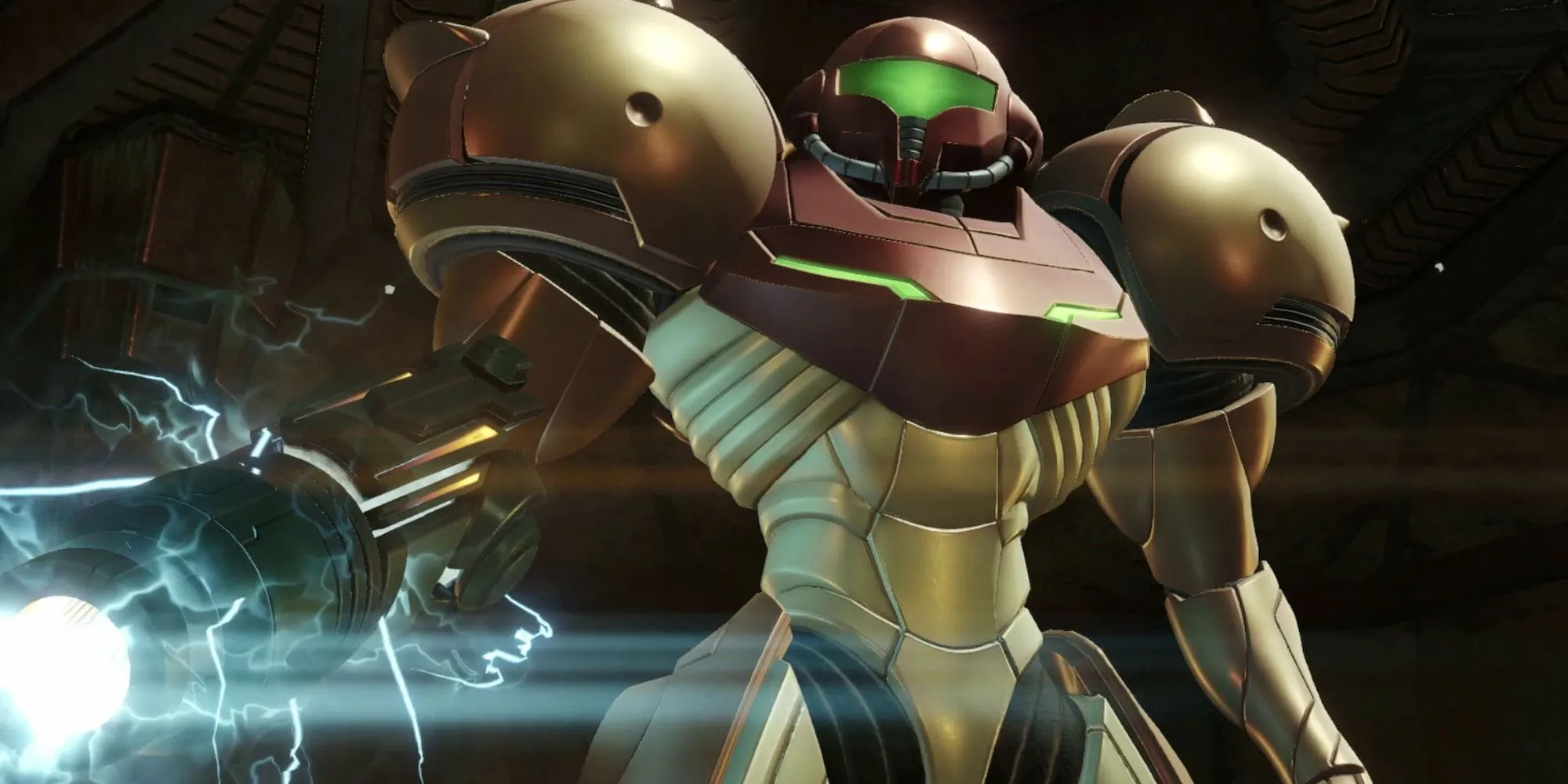 Samus Aran trong bộ giáp năng lượng quen thuộc của Metroid Prime Remastered