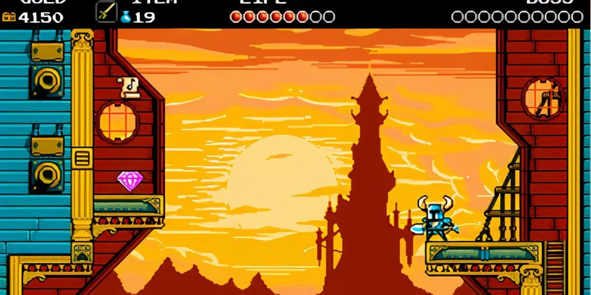 Shovel Knight nhìn ra quang cảnh lâu đài mờ ảo