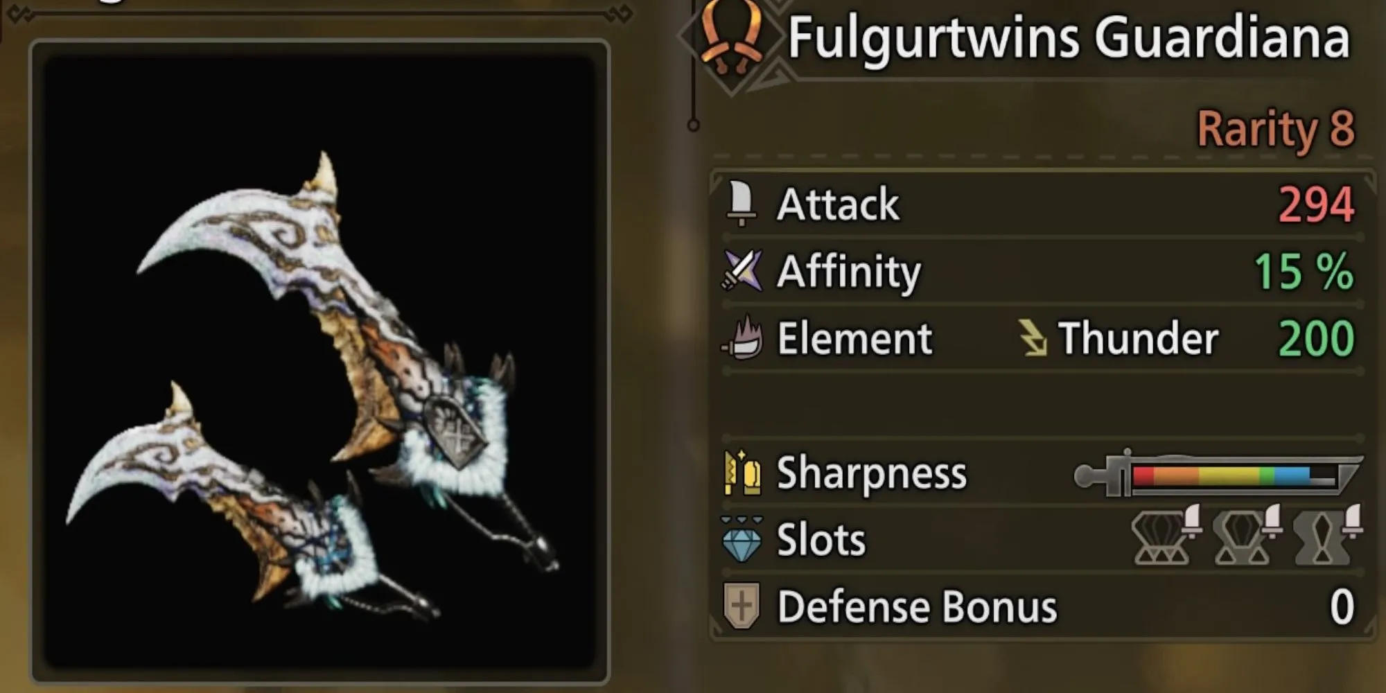 Song Kiếm Fulgartwins Guardiana MH Wilds với sức mạnh nguyên tố Sét từ Fulgar Anjanath