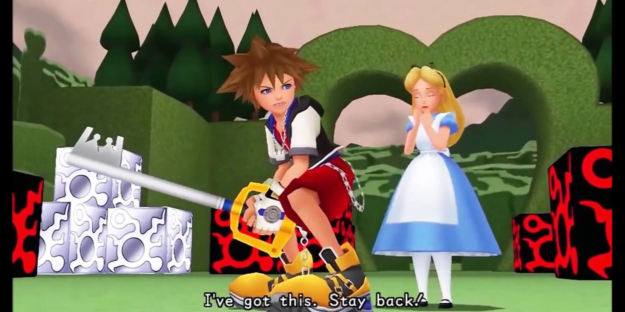 Sora bảo vệ Alice trong thế giới Wonderland của Kingdom Hearts 1.