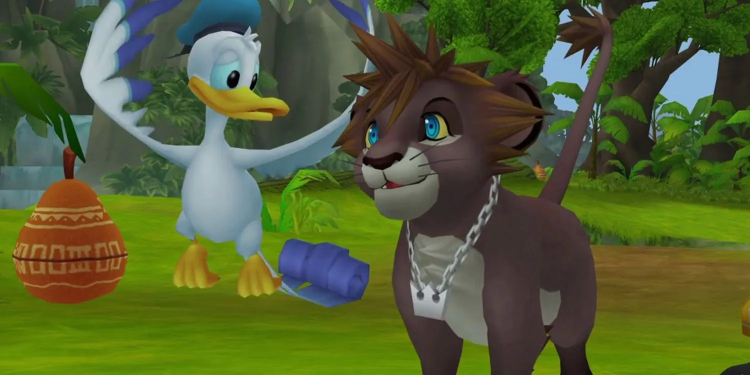 Sora trong hình dạng sư tử con tại thế giới Pride Lands của Kingdom Hearts 2.