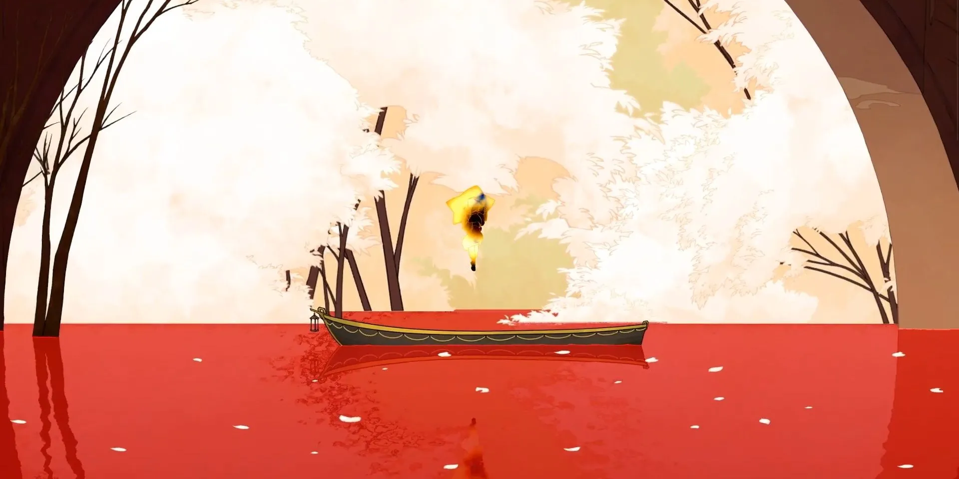 Stella và chú mèo Daffodil trên con thuyền linh hồn, chuẩn bị tiến vào Everdoor trong Spiritfarer, một hành trình đầy cảm xúc.