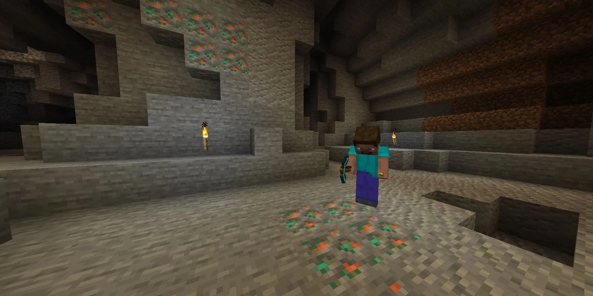 Steve đào một đống quặng Copper trong Minecraft