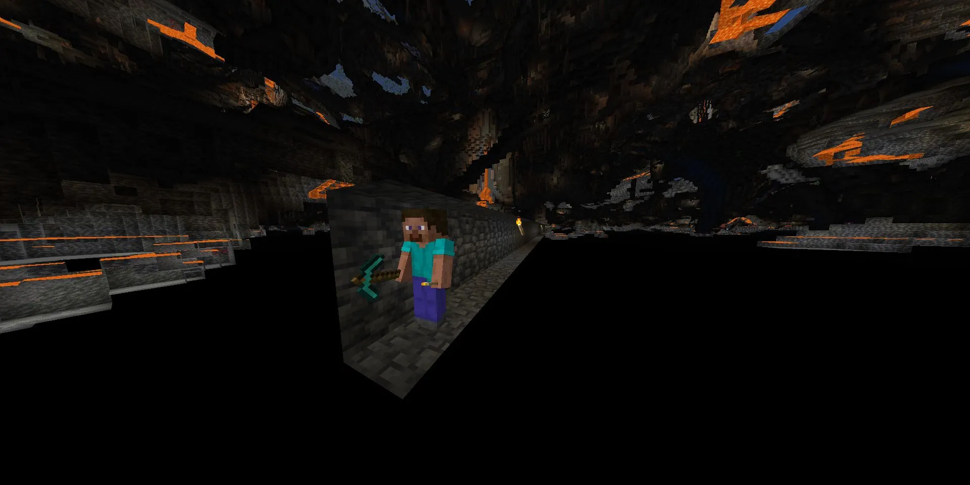 Steve đào Strip Mining trong Deepslate trong thời gian dài trong Minecraft