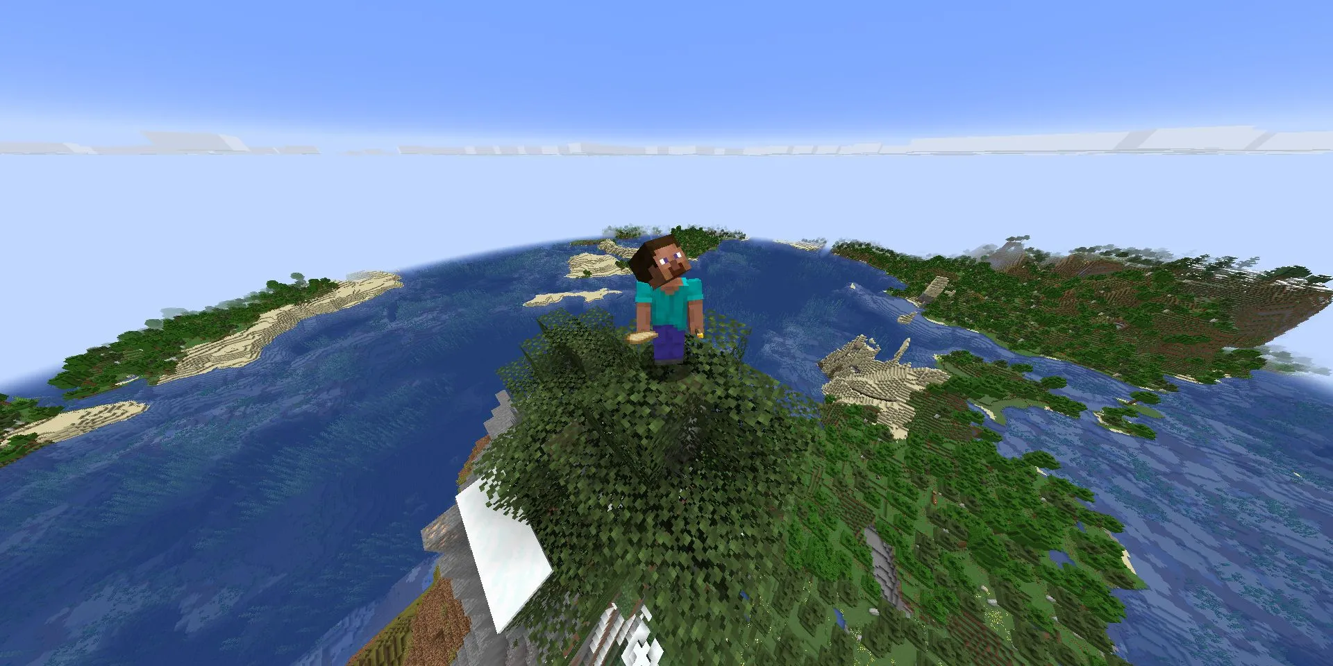 Steve đứng trên cây trên đỉnh núi lớn trong Minecraft