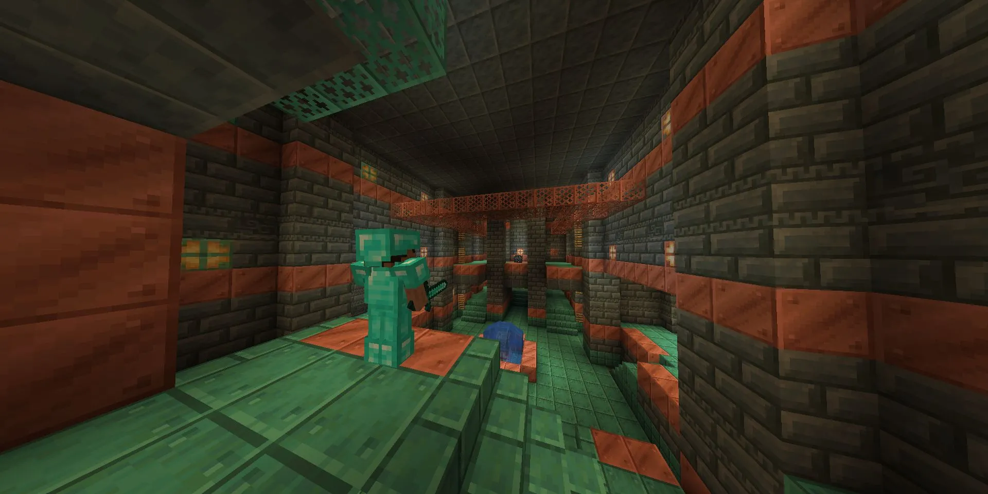 Steve trong Trial Chamber với bộ Giáp Kim Cương đầy đủ trong Minecraft