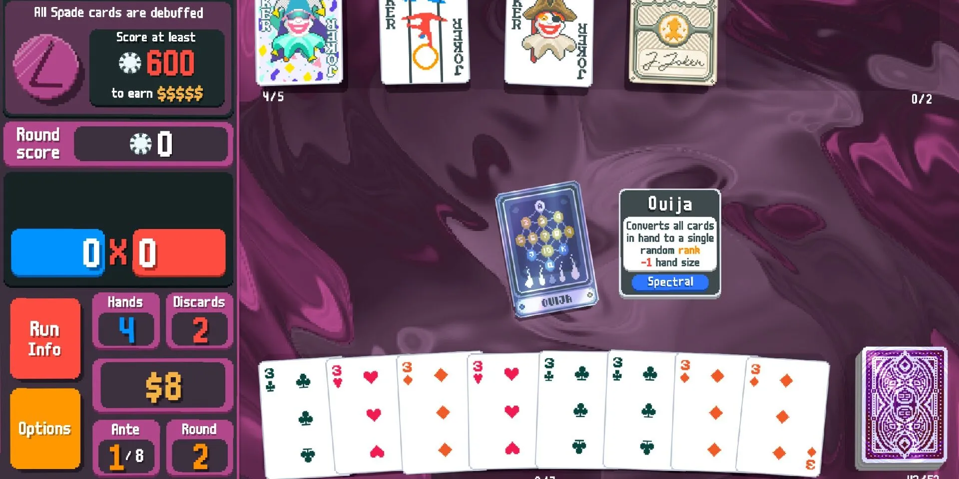 Sử dụng lá bài Ouija trong game Balatro để tăng điểm