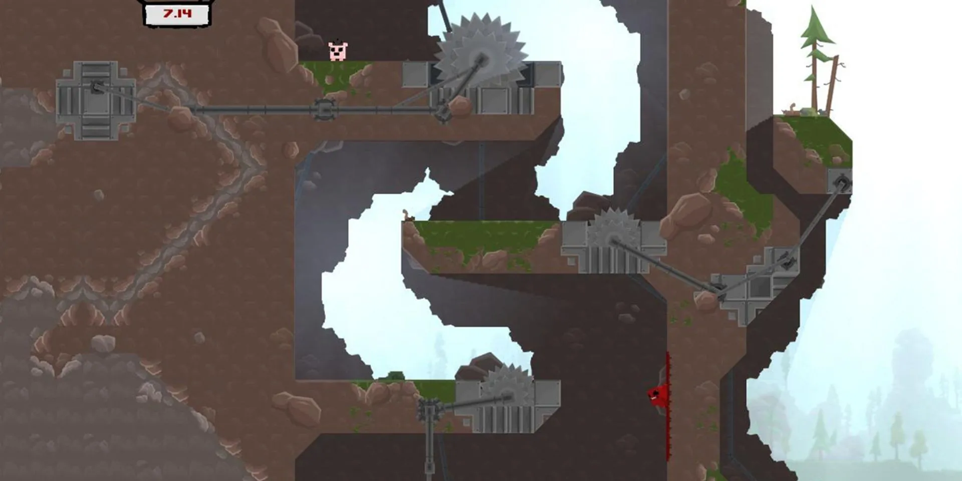 Super Meat Boy nhảy qua các chướng ngại vật để cứu Bandage Girl