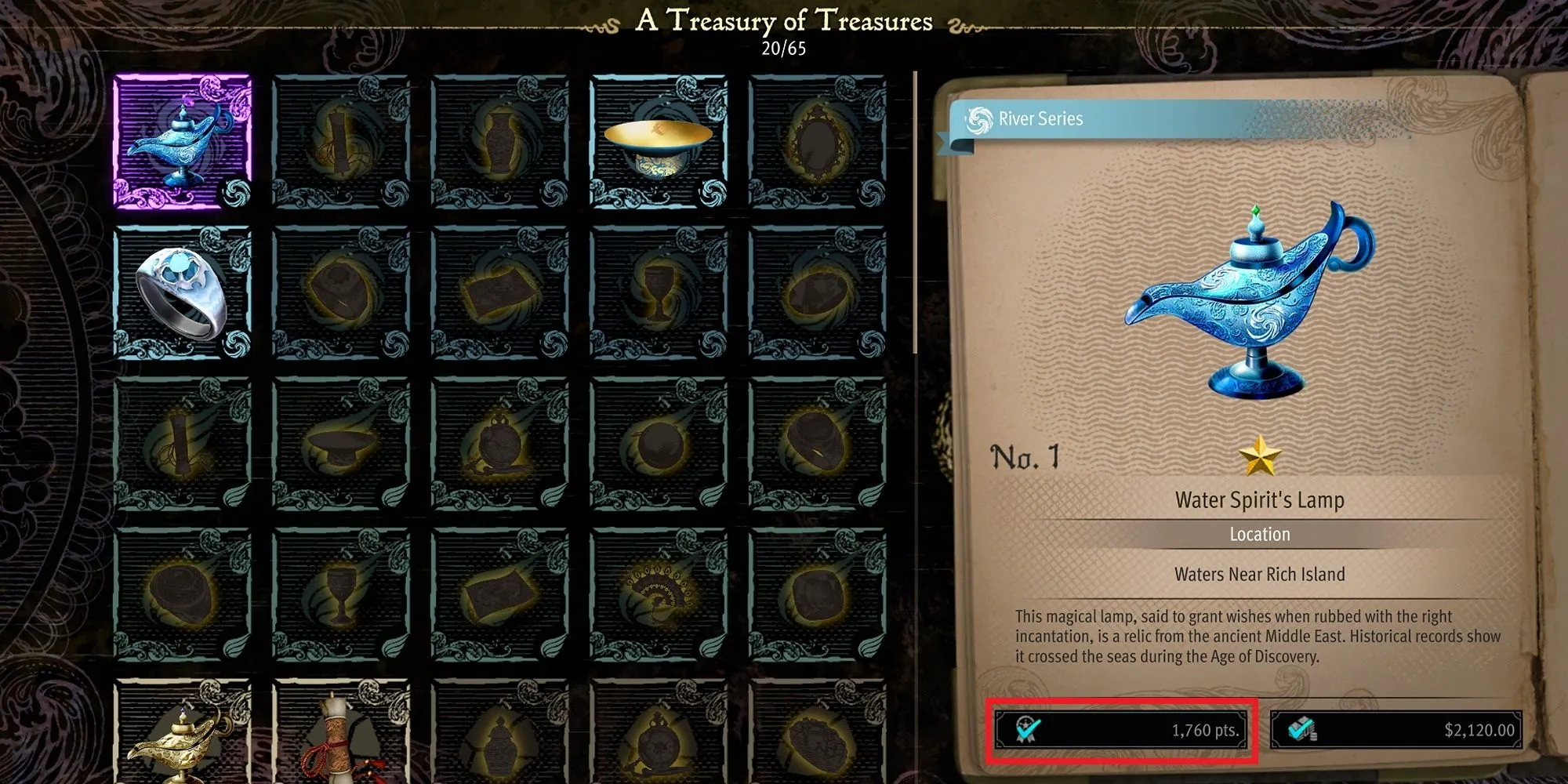 Tab Kho Báu trên giao diện menu trong Like A Dragon: Pirate Yakuza In Hawaii hiển thị danh sách các vật phẩm