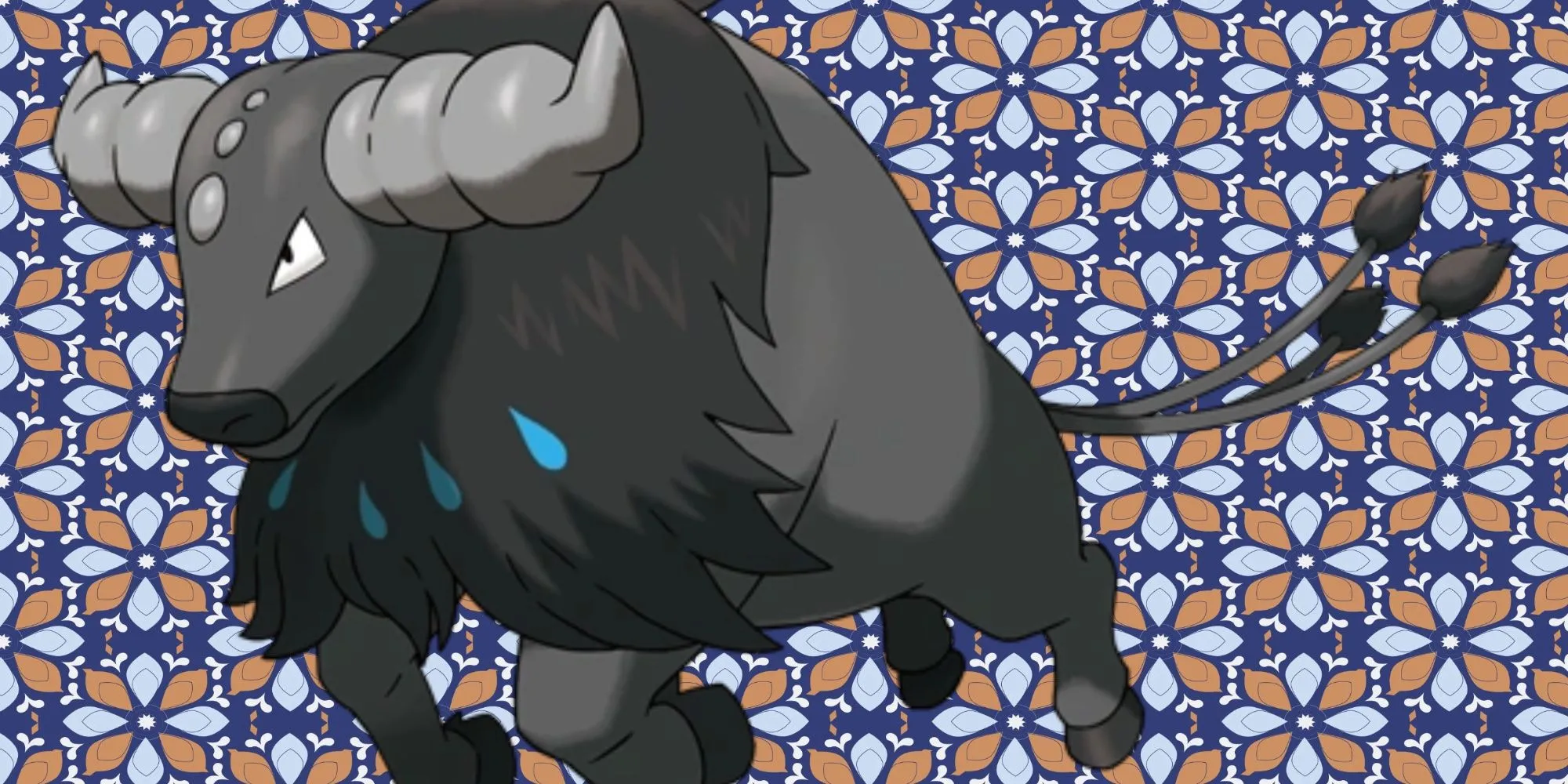Tauros Paldea dạng Nước với bộ lông xanh và sừng nhọn đang vờn nước