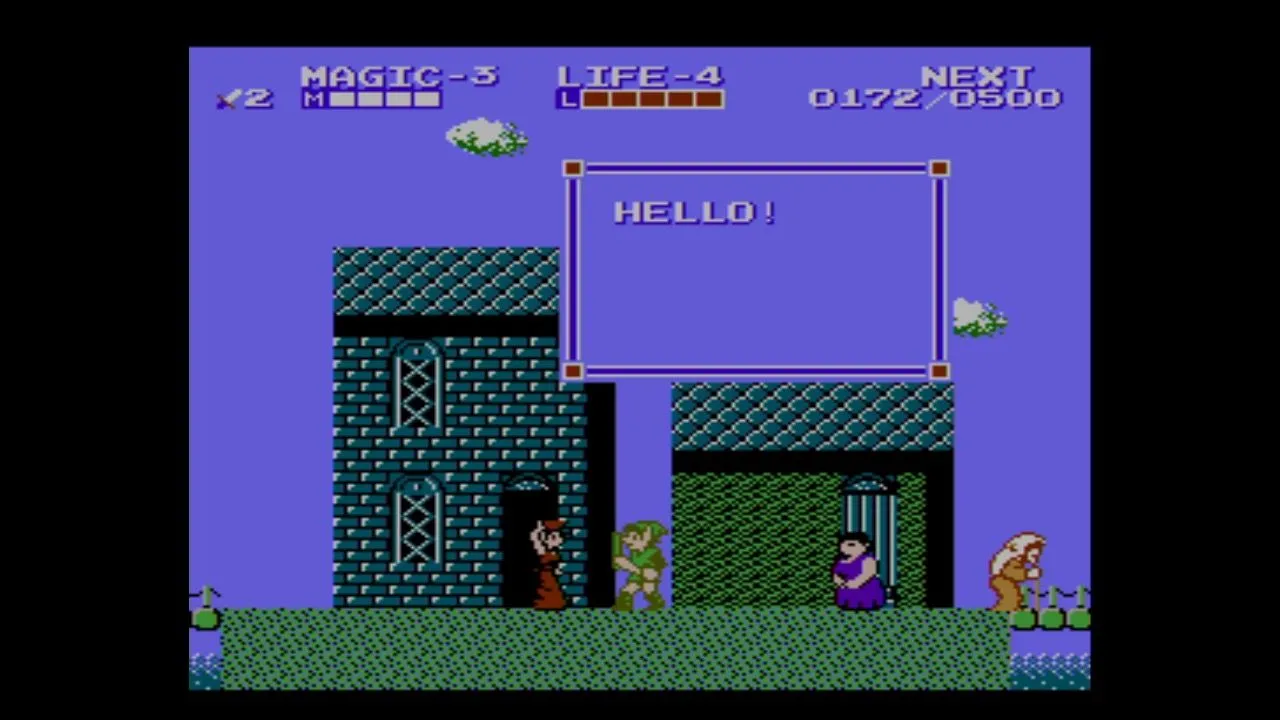 Thị trấn trong game Zelda II: The Adventure of Link với các NPC và kiến trúc đặc trưng