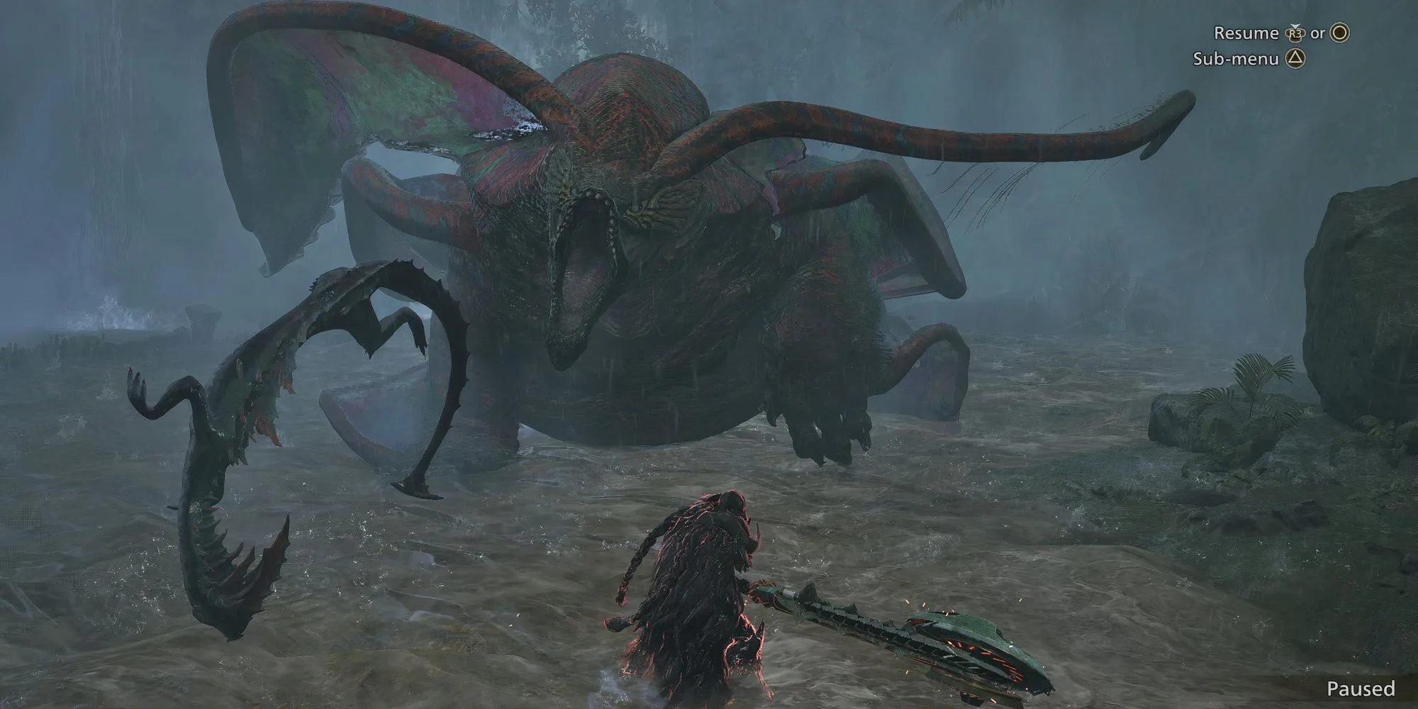 Thợ săn cưỡi thú đối mặt với quái vật khổng lồ Uth Duna trong Monster Hunter Wilds