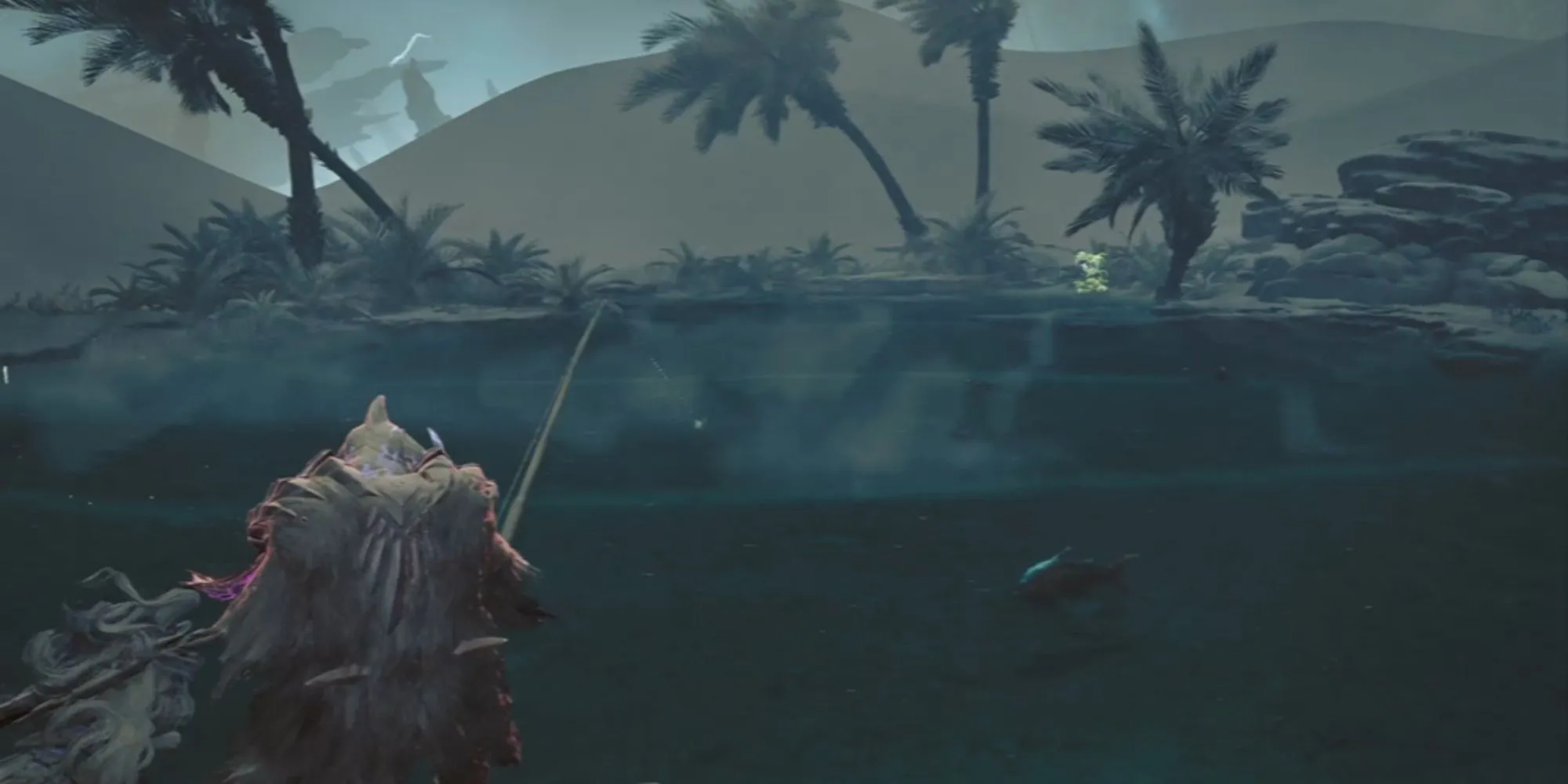 Thợ săn đang câu cá thư giãn trong thế giới Monster Hunter Wilds.