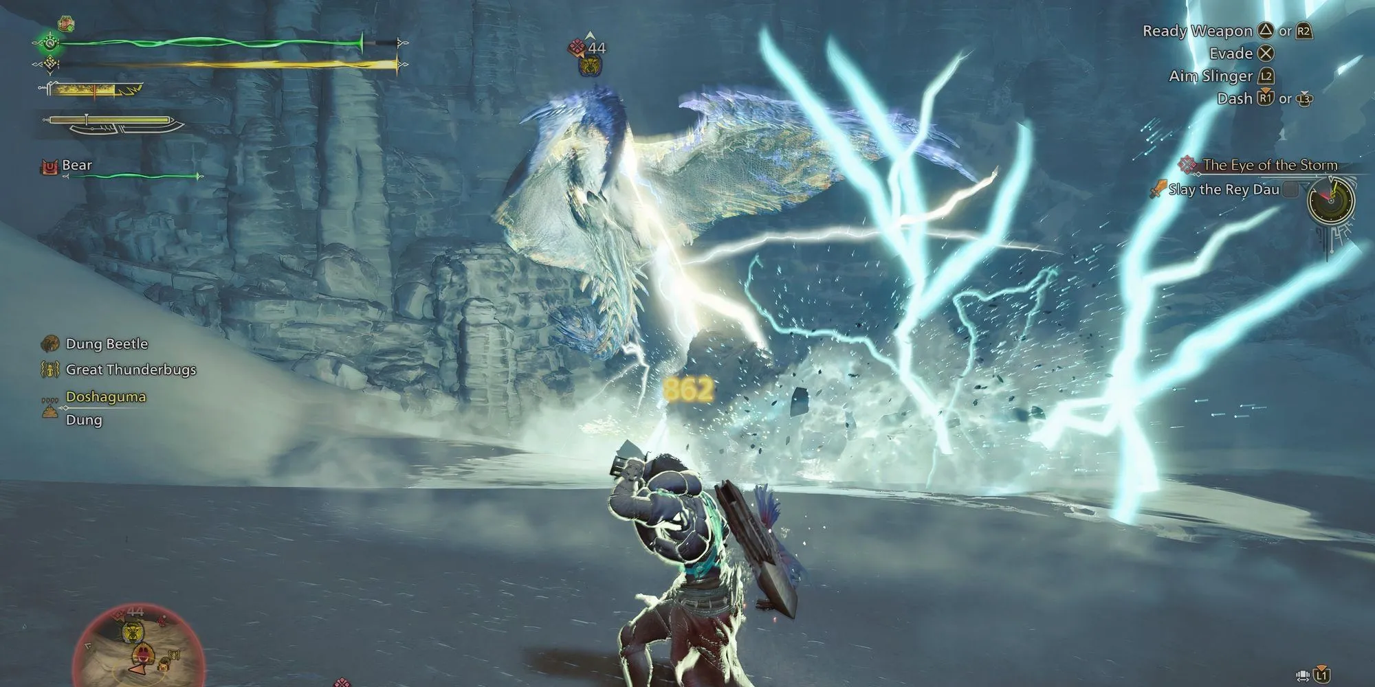 Thợ săn đối đầu quái vật Rey Dau trong Monster Hunter Wilds