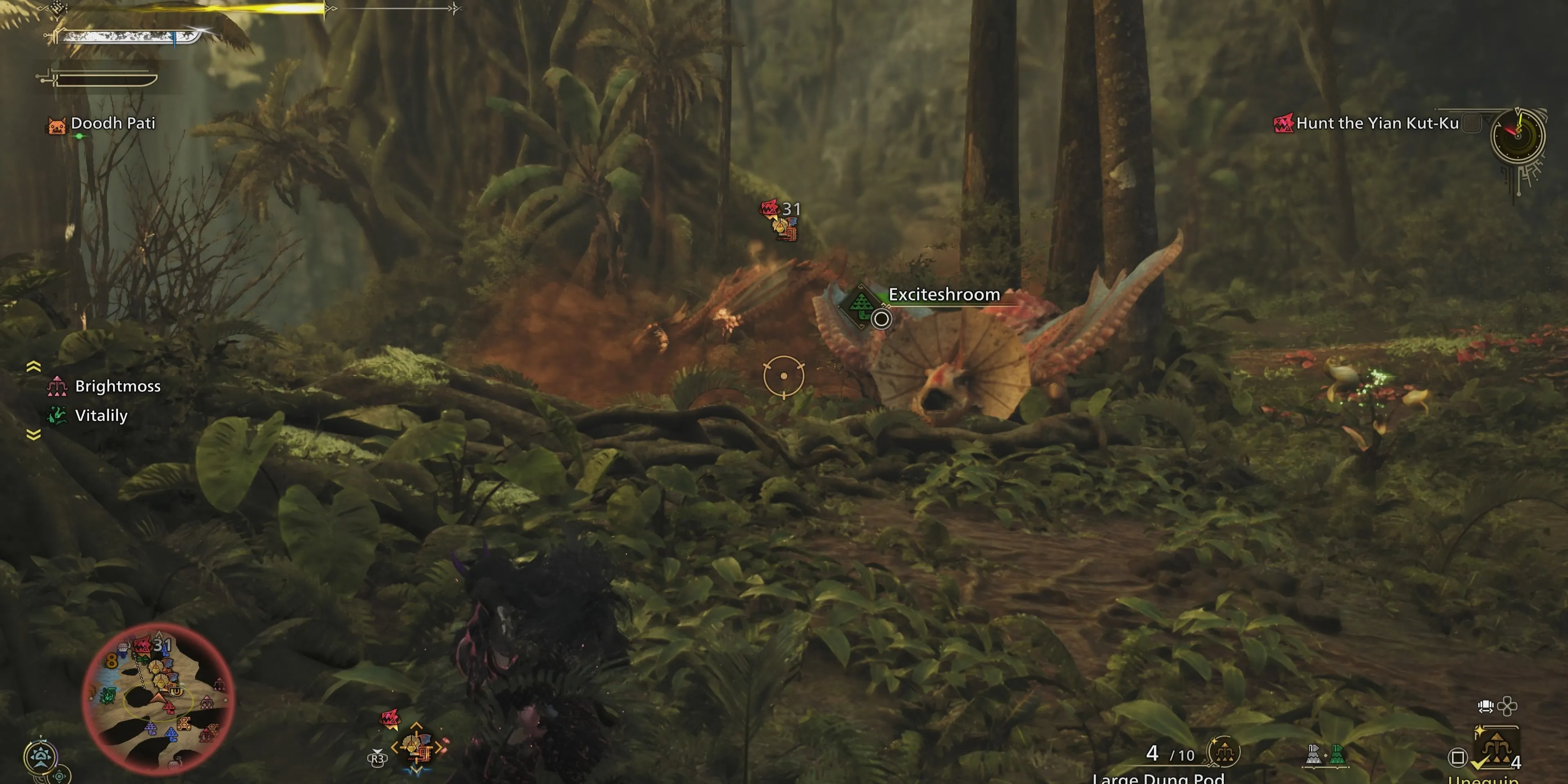 Thợ săn sử dụng Large Dung Pod xua đuổi bầy Yian Kut-Ku trong Monster Hunter Wilds