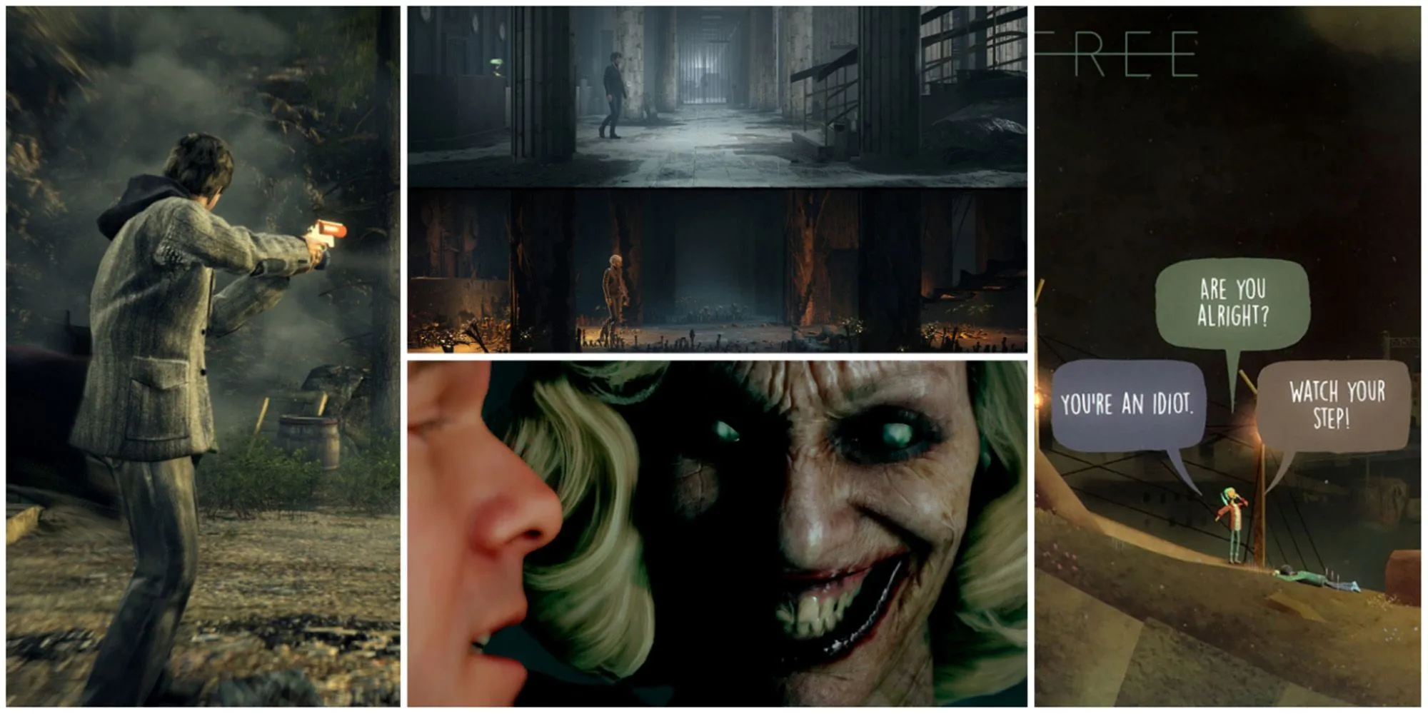 Tổng hợp hình ảnh các tựa game nổi tiếng có yếu tố ma quái và bí ẩn như Alan Wake, The Medium, Man of Medan và Oxenfree, gợi mở chủ đề nhân vật chính đã chết.