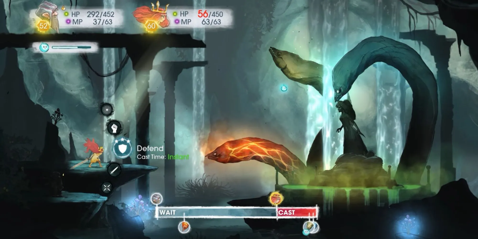 Trận đấu trong Child of Light với thanh ATB và đom đóm Igniculus làm chậm kẻ địch