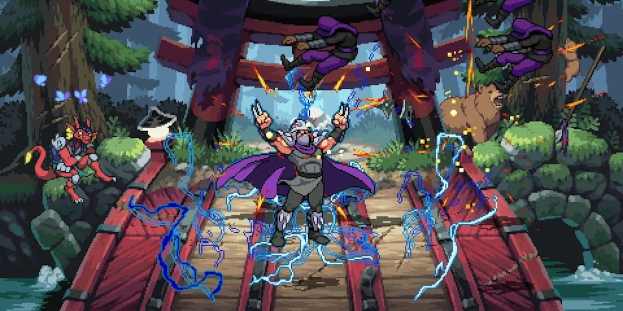 Trùm Shredder đối đầu các Ninja Rùa trong game TMNT Shredder's Revenge đồ họa pixel