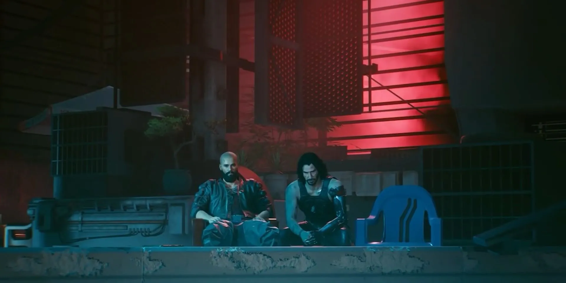 V và Johnny Silverhand trên mái nhà ở Night City trong Cyberpunk 2077