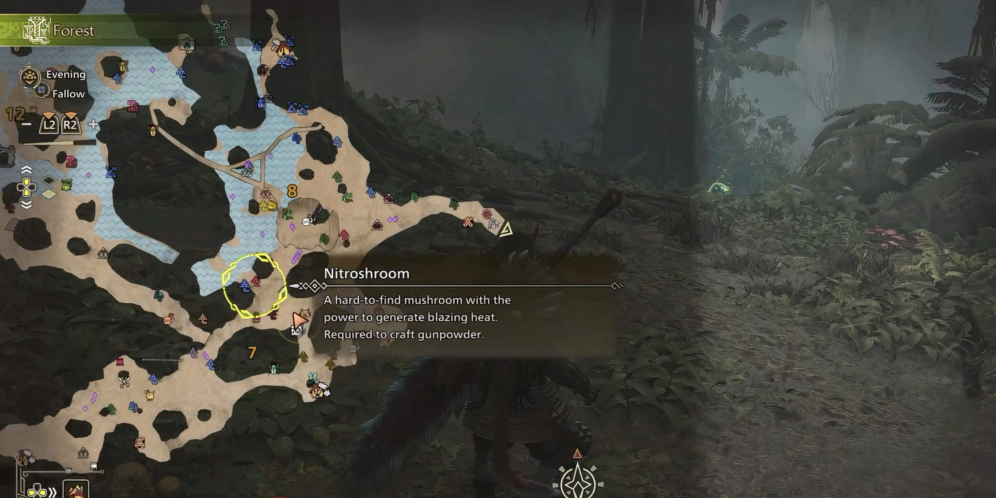 Vị trí tìm Nitroshroom trong khu vực Scarlet Forest của Monster Hunter Wilds để chế tạo vật phẩm