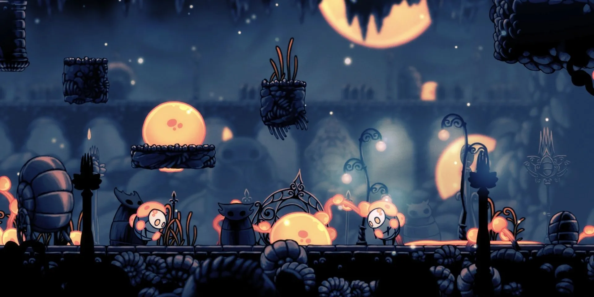 Vô số bọ bị nhiễm bệnh với các mụn mủ màu cam đặc trưng trong Hollow Knight