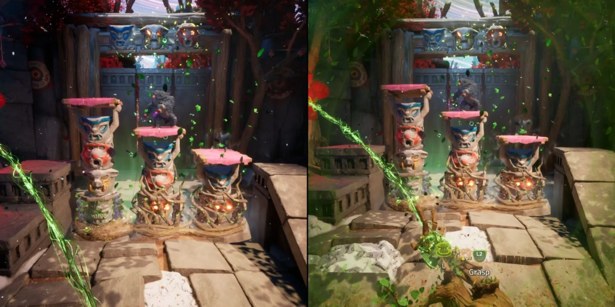 Vượn-Mio và Mộc Tinh-Zoe giải đố cột totem màu sắc để vào sào huyệt của Vua Khỉ trong Split Fiction.