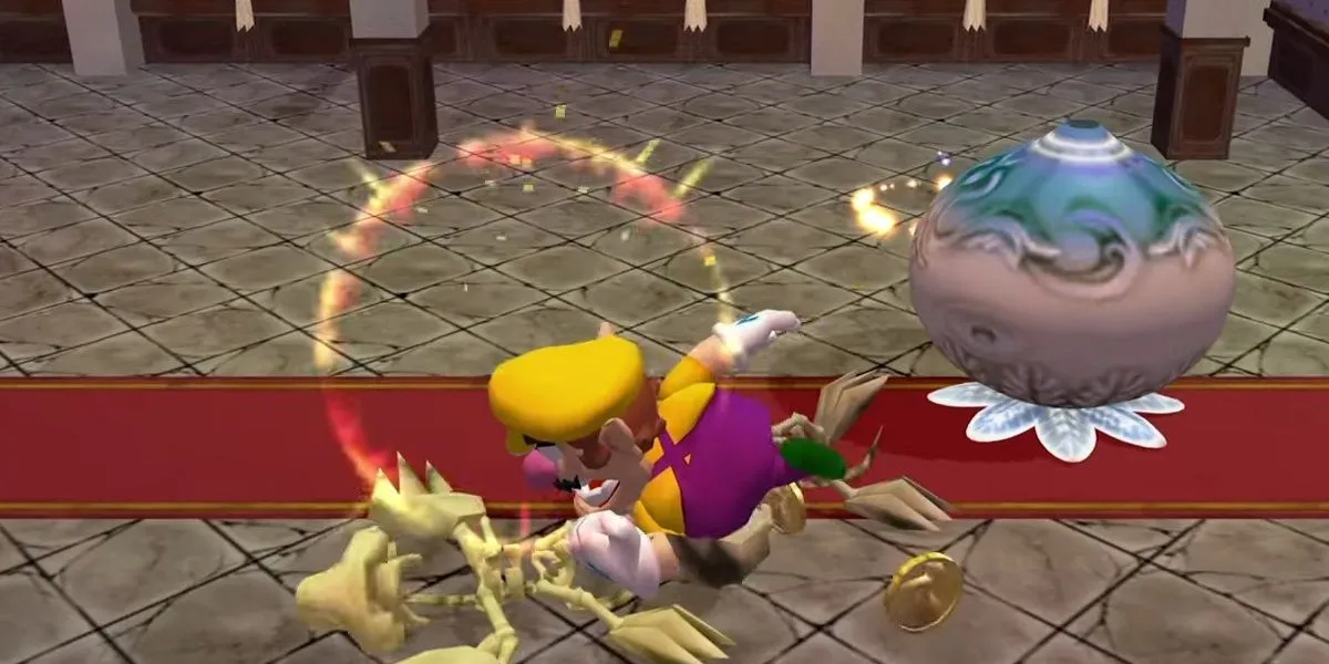 Wario húc đầu vào một kẻ thù trong Wario World