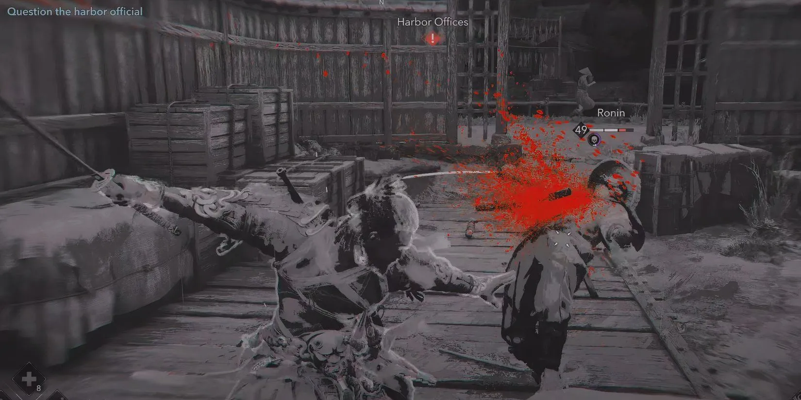 Yasuke giao tranh tại bến cảng trong tuyến nhiệm vụ The Wheel Unmasked